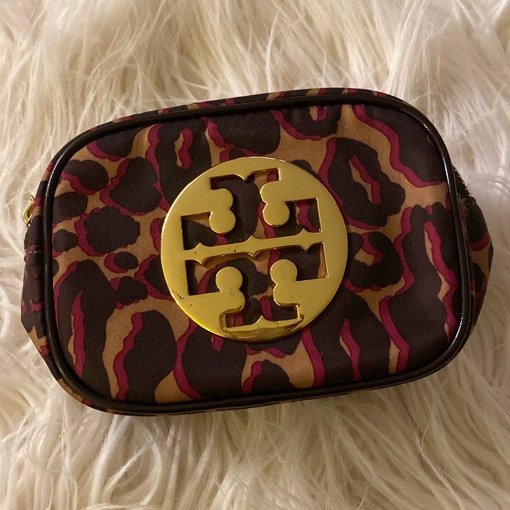 Tory Burch Brown Leopard Print Cosmetic Case with Gold Logo